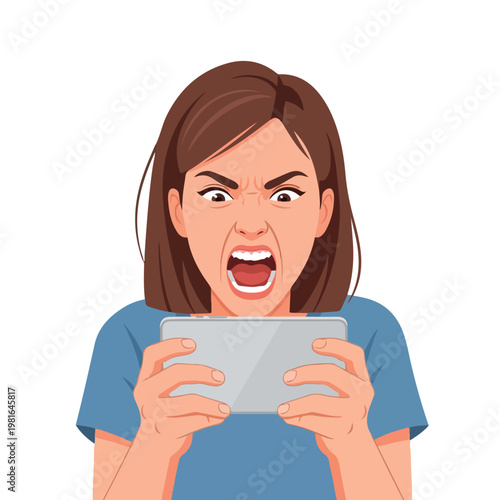 A young woman looking at a tablet screen with an expression of intense anger