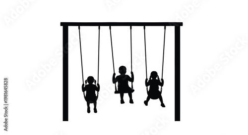 Silhouette of three children joyfully playing on a simple swing set
