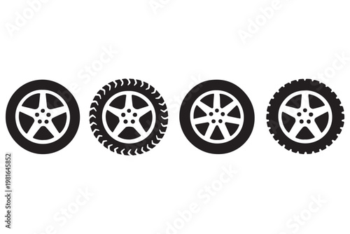 Two car wheels one solid and one outlined in black and white silhouette