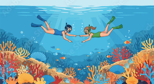 Two snorkelers swim underwater near colorful coral reefs with various small fish