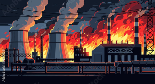 Industrial factory on fire, spewing smoke and pollution