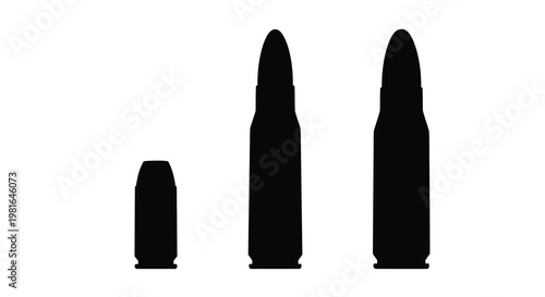 Silhouettes of three bullets in varying sizes presented against white