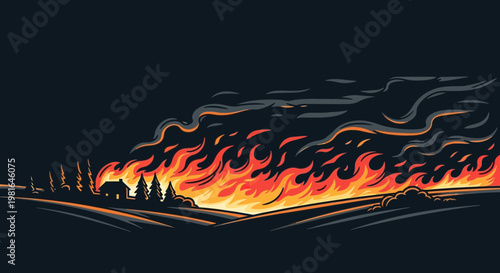Rural landscape engulfed in a raging wildfire, flames consuming fields and trees near a house.