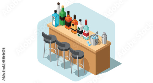 An isometric view of a wooden bar counter with stools, liquor bottles, and ice