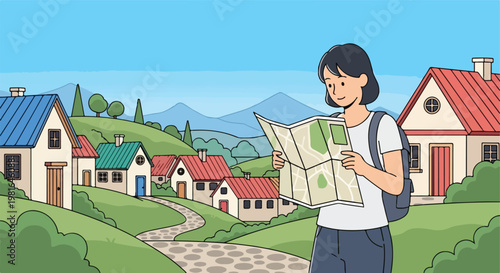A young traveler with a backpack looks at a map in a quaint rural village scene