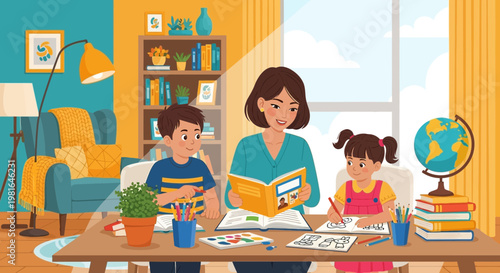Mother Reading To Children At Home, Family Learning Together, Education and Childhood