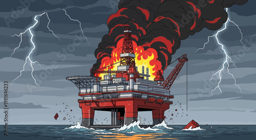 Offshore oil rig disaster: platform engulfed in flames during a severe thunderstorm with lightning strikes.