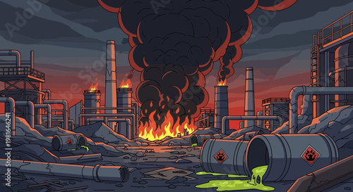Industrial disaster: exploding factory with toxic waste and burning barrels, pixel art style