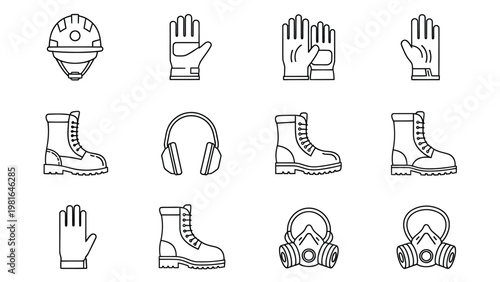 Collection of outline icons for personal protective equipment and safety gear.
