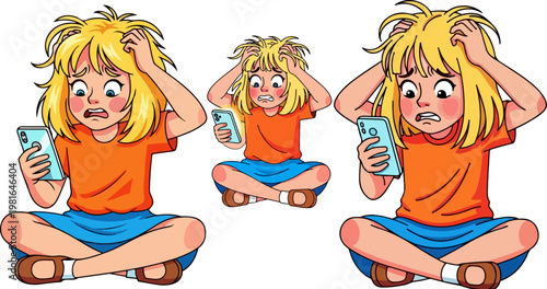 Stressed girl with smartphone vector set, anxious child looking at mobile phone screen, frustrated kid character with messy hair and phone