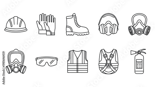 Safety equipment line icons set, personal protective gear for construction workers and firefighters, hard hat, gloves, boots.