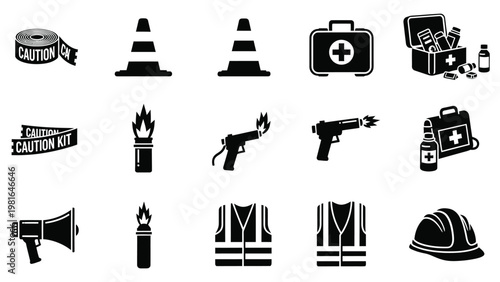 Safety and emergency icons set. caution tape, traffic cones, first aid kit, flare gun and reflective vest.