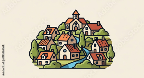 Charming Hillside Village Illustration with Houses and Church.