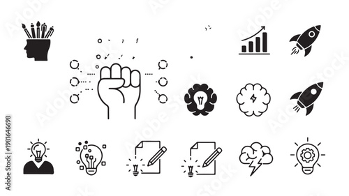 Business icons, startup symbols, creative thinking, innovation signs, 13 black and white vector graphics