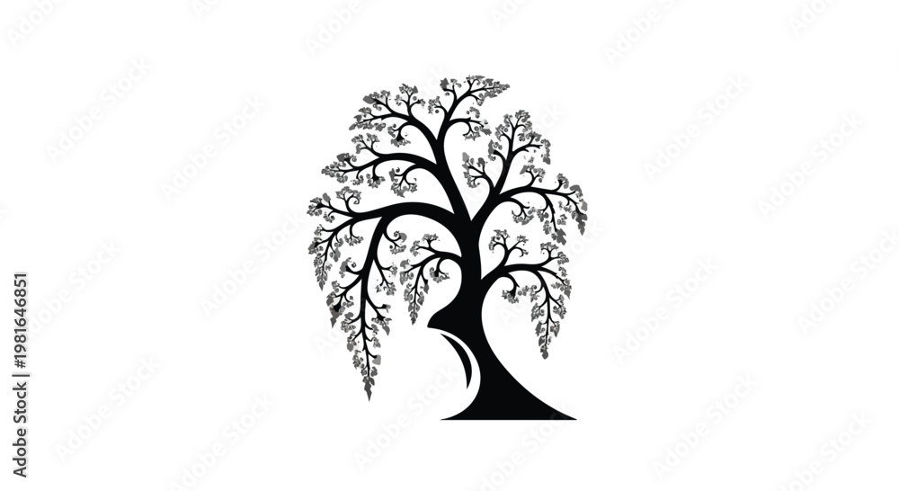 Fototapeta premium Stylized tree silhouette featuring delicate branches and foliage isolated on a white background for environmental awareness campaigns or nature conservation branding and social media projects.
