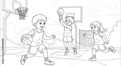 Children playing basketball in an outdoor court, outlined drawing.