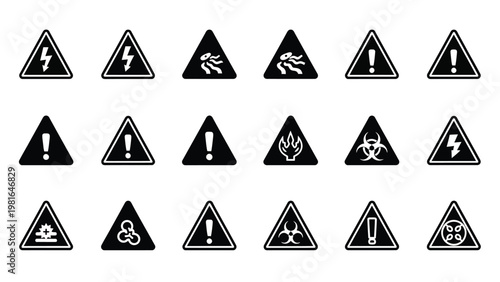 Industrial and chemical hazard warning symbols set. black and white vector icons.