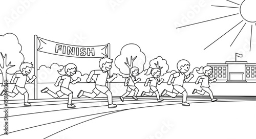 Childrens Race to the Finish Line - A Line Art Illustration.