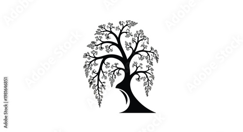 Tree silhouette shaped like a human head reflects the interconnected nature of biological growth and intellectual development through a stylized minimalist black and white art form.