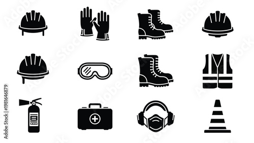 Collection of personal protective equipment and safety items glyph icons, including hard hats, gloves, boots, and fire extinguisher.
