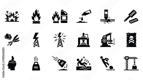 Black silhouette industrial hazard icons showing workplace accidents and dangerous materials.