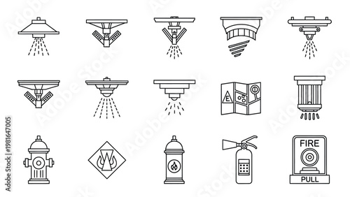 Collection of fire safety system outline icons, including various sprinkler types, fire hydrants, and alarm pull stations.