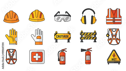 Personal protective equipment and industrial safety icons with colorful flat design.