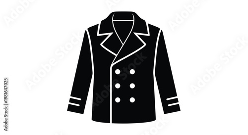 Simple black and white vector icon of a double-breasted uniform jacket, perfect for maritime or captain themes.