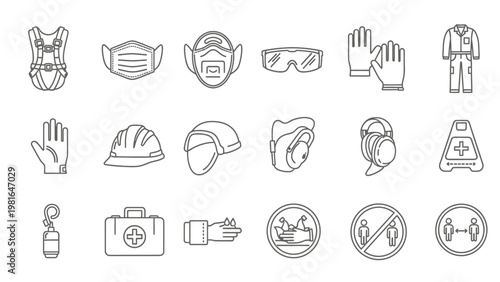 Outline icons for safety equipment personal protection and emergency preparedness.