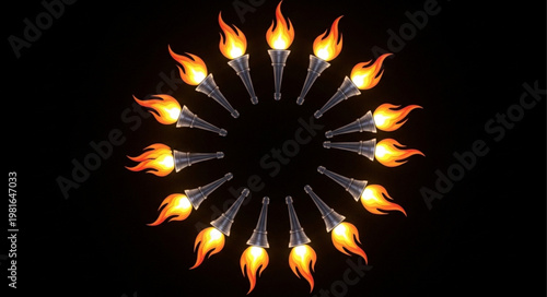 Circular Array of Burning Torches Against a Dark Background.