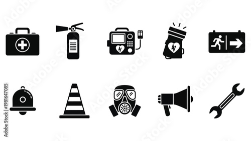 Collection of emergency and safety equipment glyph icons, featuring first aid kit, fire extinguisher, defibrillator, and exit sign.