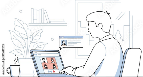 Man participating in a professional video conference meeting while working on his laptop computer at his desk during the day