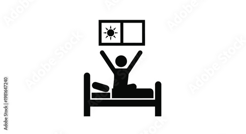 Stick figure person waking up in bed with arms raised in the morning sunlight of a new day