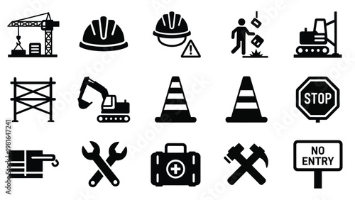 Construction safety equipment and warning signs on white background.
