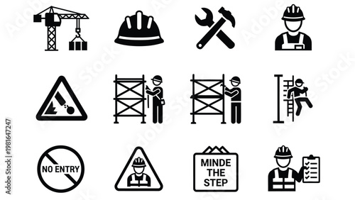 Construction worker safety icons and warning signs for construction site.