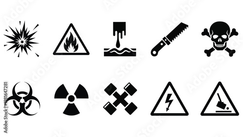 Set of black and white hazard warning symbols for safety and danger, including explosive, flammable