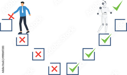White robot standing on search bar looking forward, artificial intelligence, future technology, business forecast, trend prediction, data analysis, conceptual design, new year planning.