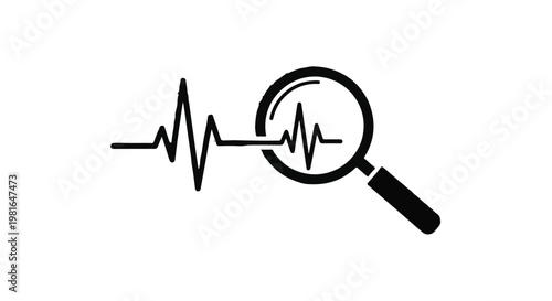 Magnifying glass examining a heartbeat pulse line represents the professional medical analysis of human cardiac rhythms in a diagnostic clinical healthcare setting for patient monitoring.