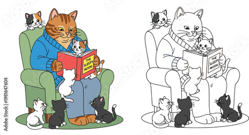 Cute Father Cat Reading Storybook to Kittens Vector Illustration and Coloring Page Activity