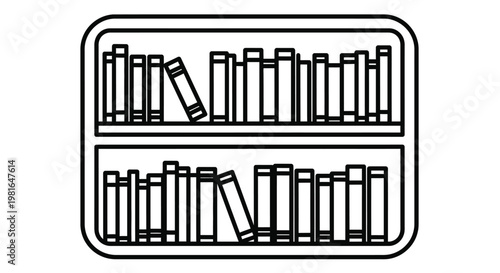 Simple line art drawing of a classic bookshelf filled with various educational and story books