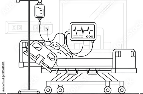 Outline illustration of an empty hospital bed equipped with an intravenous drip and vital signs monitor, representing critical healthcare and medical recovery.
