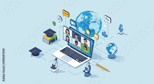 Online Education Concept: Laptop with Video Call, Globe, Books, Graduation Cap, Microscopes