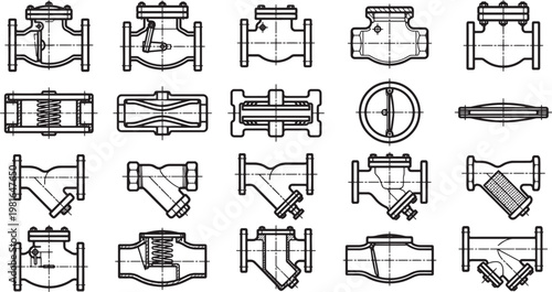 Industrial blueprints of various valves showcased, detailing the intricate designs, technical specifications, and functionalities of each component.