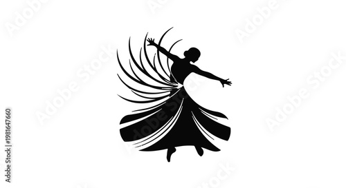 Dancer in dynamic motion with a swirling dress captures the essence of rhythmic movement and artistic expression through a bold minimalist silhouette set against a plain background.