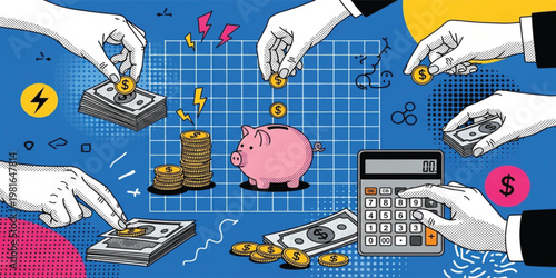 Financial Savings Concept Illustration with Piggy Bank, Coins, Cash and Calculator, Business Investment and Money Management in Modern Pop Art Style Design