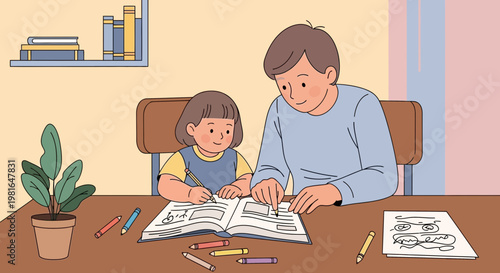 Father and daughter drawing together at a table, learning and fun family activity