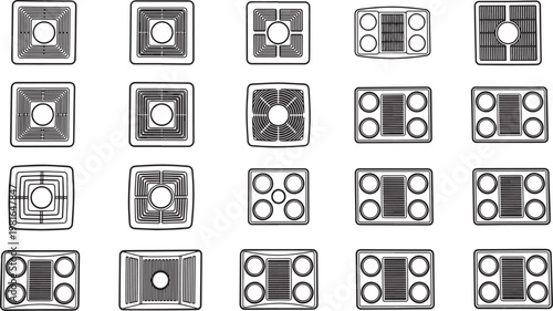 A collection of stylized black and white stovetop and cooktop designs, perfect for a kitchen appliance illustration.