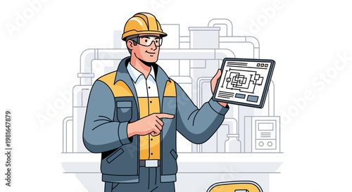 Engineer with Tablet Showing Blueprint in Industrial Factory
