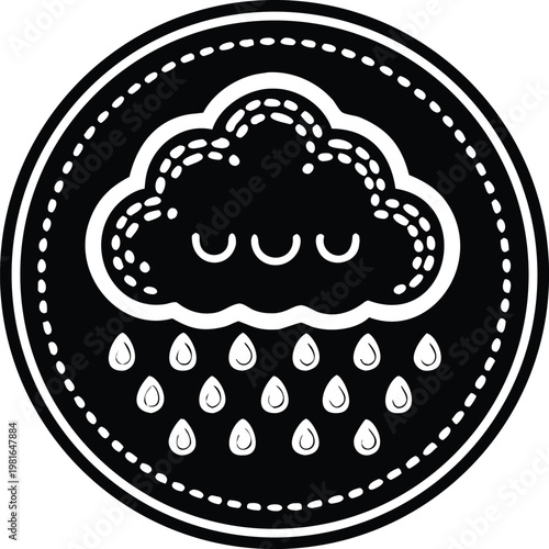 Black and white rain cloud with raindrops and smiling face