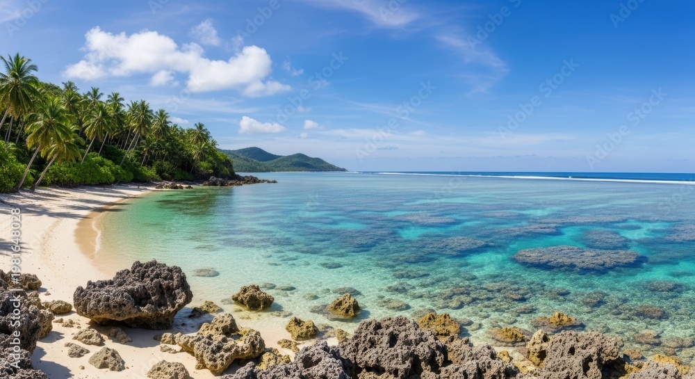 Naklejka premium Pristine tropical island beach with coral reef and turquoise seawater.